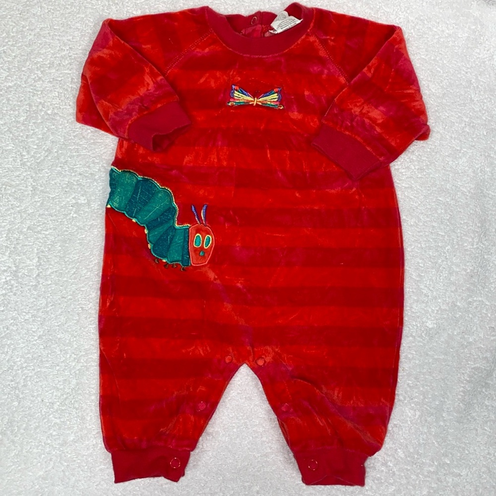 Vintage carters hungry caterpillar red velour striped one piece play suit 3/6m